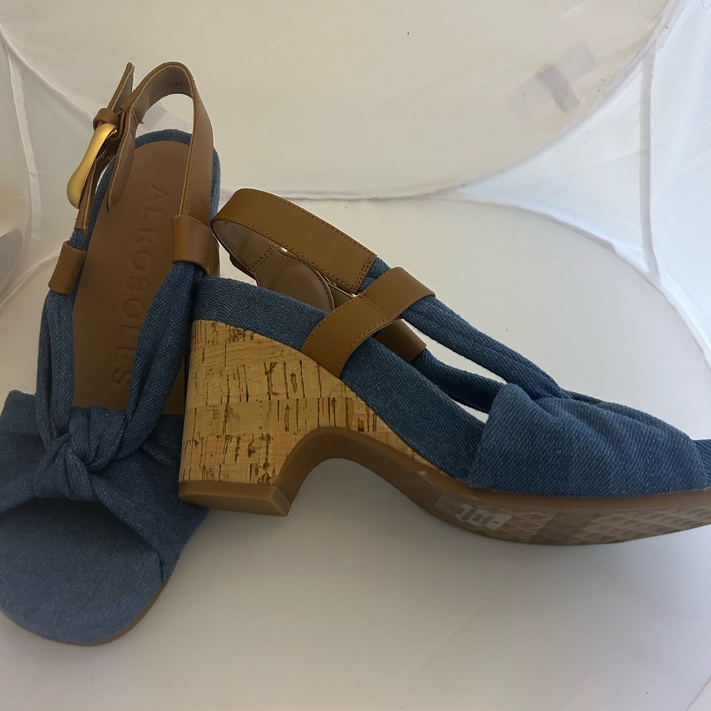 AEROSOLES Denim Blue and Tan Wedge Sandals